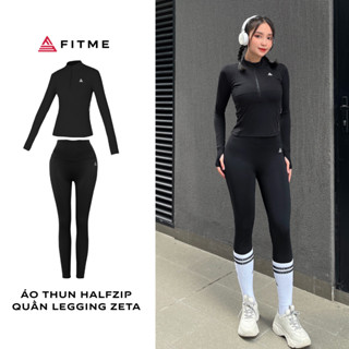 Bộ thể thao nữ Fitme áo khoác halfzip, quần legging dài Đen co giãn 4 chiều năng động thấm hút tốt