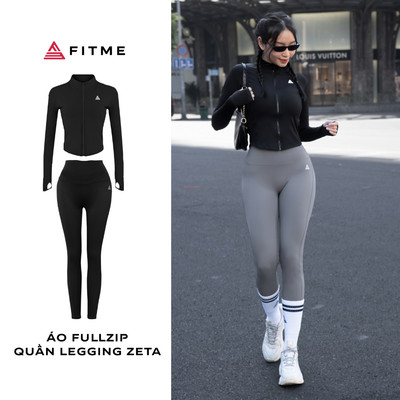 Bộ đồ tập gym yoga Fitme khoác fullzip Đen quần legging dài zeta Dark Grey