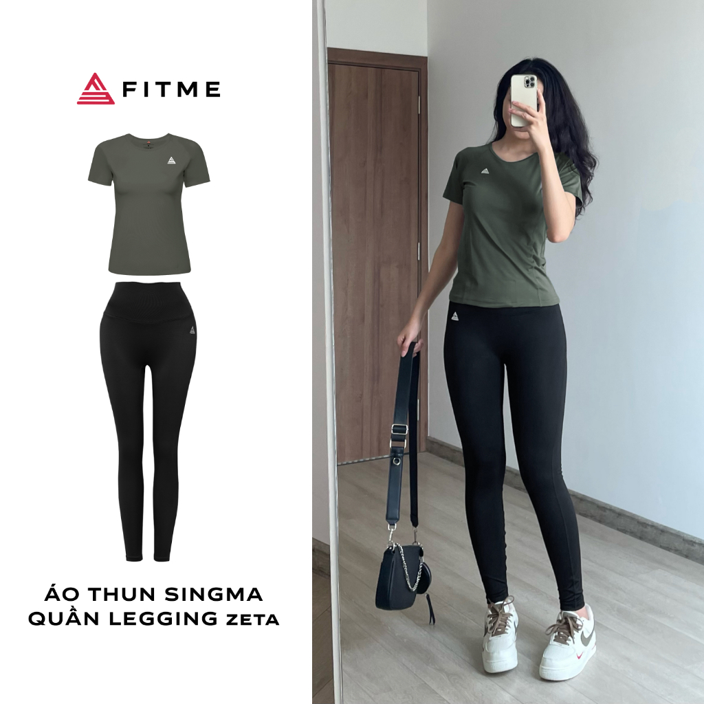 Bộ đồ tập gym nữ Fitme áo thể thao Sigma Xanh rêu, quần legging dài Đen form body cao cấp