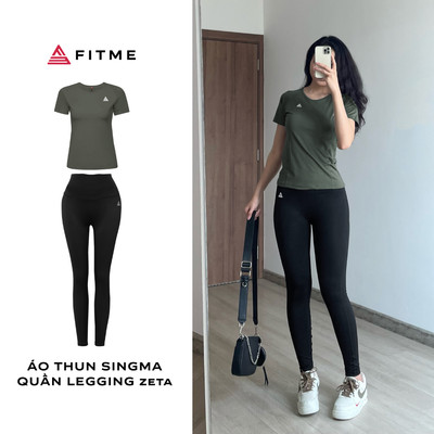 Bộ đồ tập gym nữ Fitme áo thể thao Sigma Xanh rêu, quần legging dài Đen form body cao cấp
