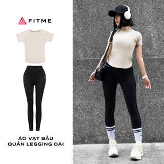 Bộ đồ thể thao nữ Fitme áo thun tập gym Sand, quần legging dài phối xéo Đen hỗ trợ tập yoga tốt