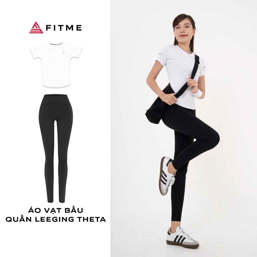 Bộ đồ tập gym yoga Fitme áo thun thể thao vạt bầu Trắng, Quần legging Theta Đen