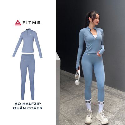 Bộ đồ tập gym yoga Fitme Cover23 áo khoác halfzip xám xanh quần legging phối xéo xám xanh