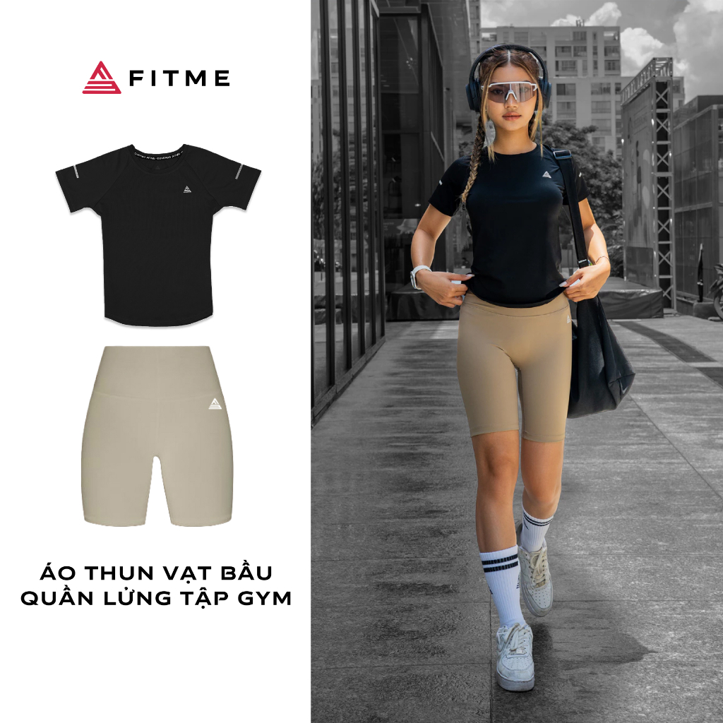 Bộ đồ tập thể thao Fitme Áo vạt bầu đen quần biker sand tập gym yoga