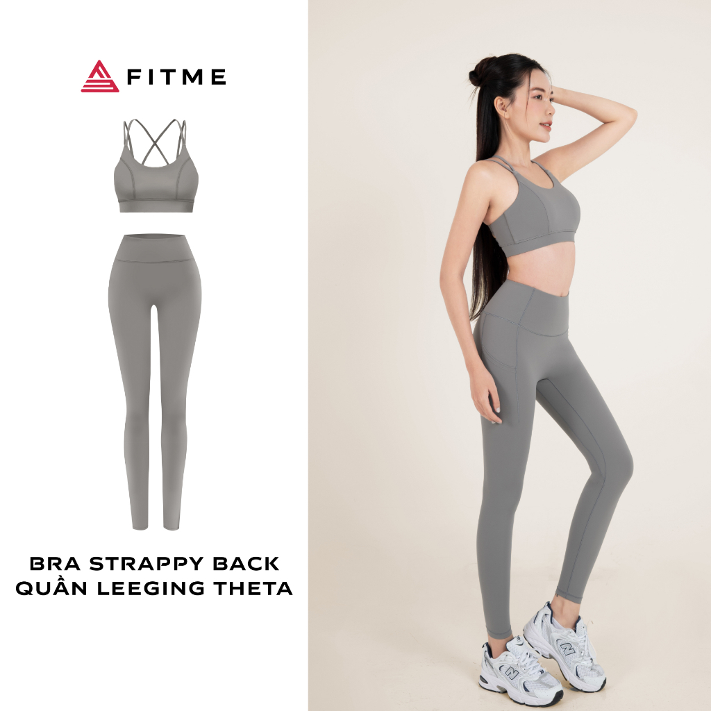 Bộ đồ tập gym yoga nữ Fitme áo bra thể thao nữ Strappy Back, Quần legging Pocket Dark Grey