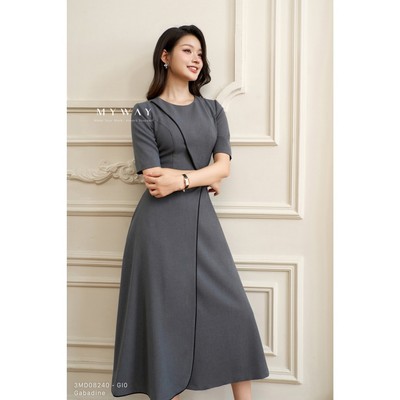 Đầm Công Sở Nữ  MY WAY Majestic Elegance Midi Dress Xám Viền Đen Cao Cấp 3MD08240