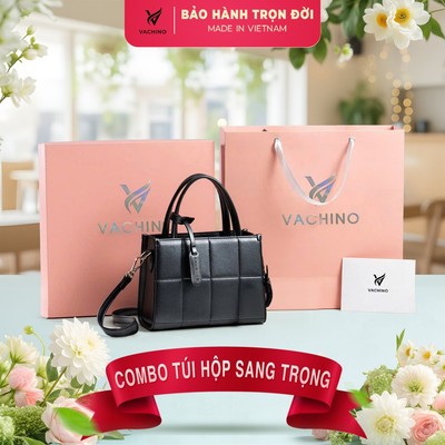 COMBO Hộp quà (Túi xách đeo chéo da nữ VACHINO-TX054 + Hộp + Túi Giấy + Túi rút đựng sản phẩm + Thiệp viết lời chúc)