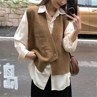 Áo Gile Len Nữ 2 Cúc Cổ Chữ V Dáng Vạt Chéo Thời Trang Thu Đông 2025