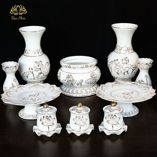  Bộ Thờ Cúng Men Sứ Bạch Ngọc Trắng: Lư Bình Chung Dĩa  và Án - Đồ Thờ Vạn Phúc Cao Cấp 
