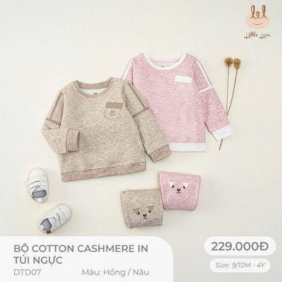Bộ dài tay coton cashmere in túi ngực dành cho bé Lil Little Love (DTD07)