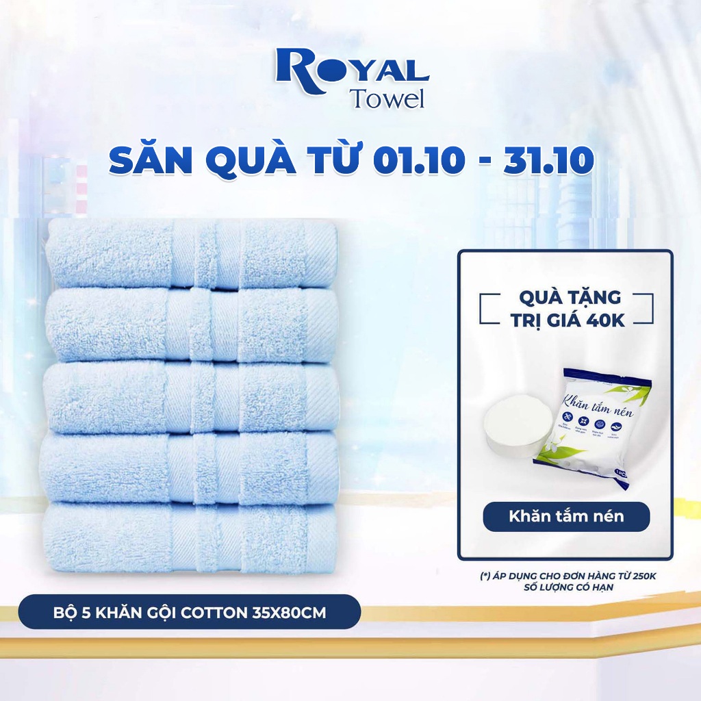 Bộ 5 Khăn Gội 35x80cm Royal Towel 100% Cotton Mềm Mại, Thấm Hút, Kháng Khuẩn