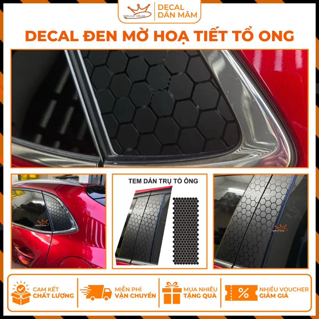 Decal đen mờ hoạ tiết tổ ong trang trí kính ô tô, dán trụ bóng ô tô ( dùng được đa vị trí )