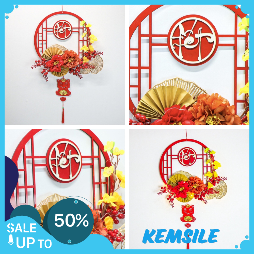 Vòng Hoa Tết Quả đỏ H70 ĐÍNH hoa mai đào trang trí tặng kèm đèn KEMSS461