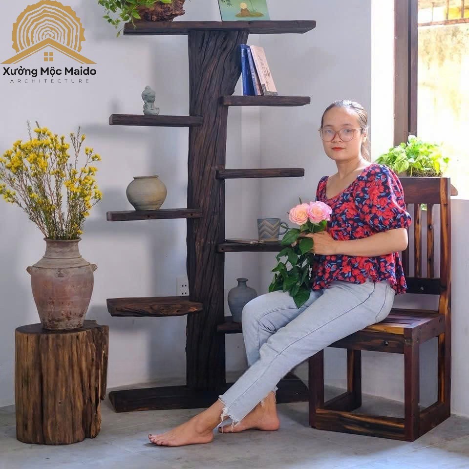 Kệ Sách Gỗ Lũa Tự Nhiên Dáng Cây – Kệ Trưng Bày Đồ Decor, Bình Hoa, Đồ Gốm – Xưởng Mộc Maido