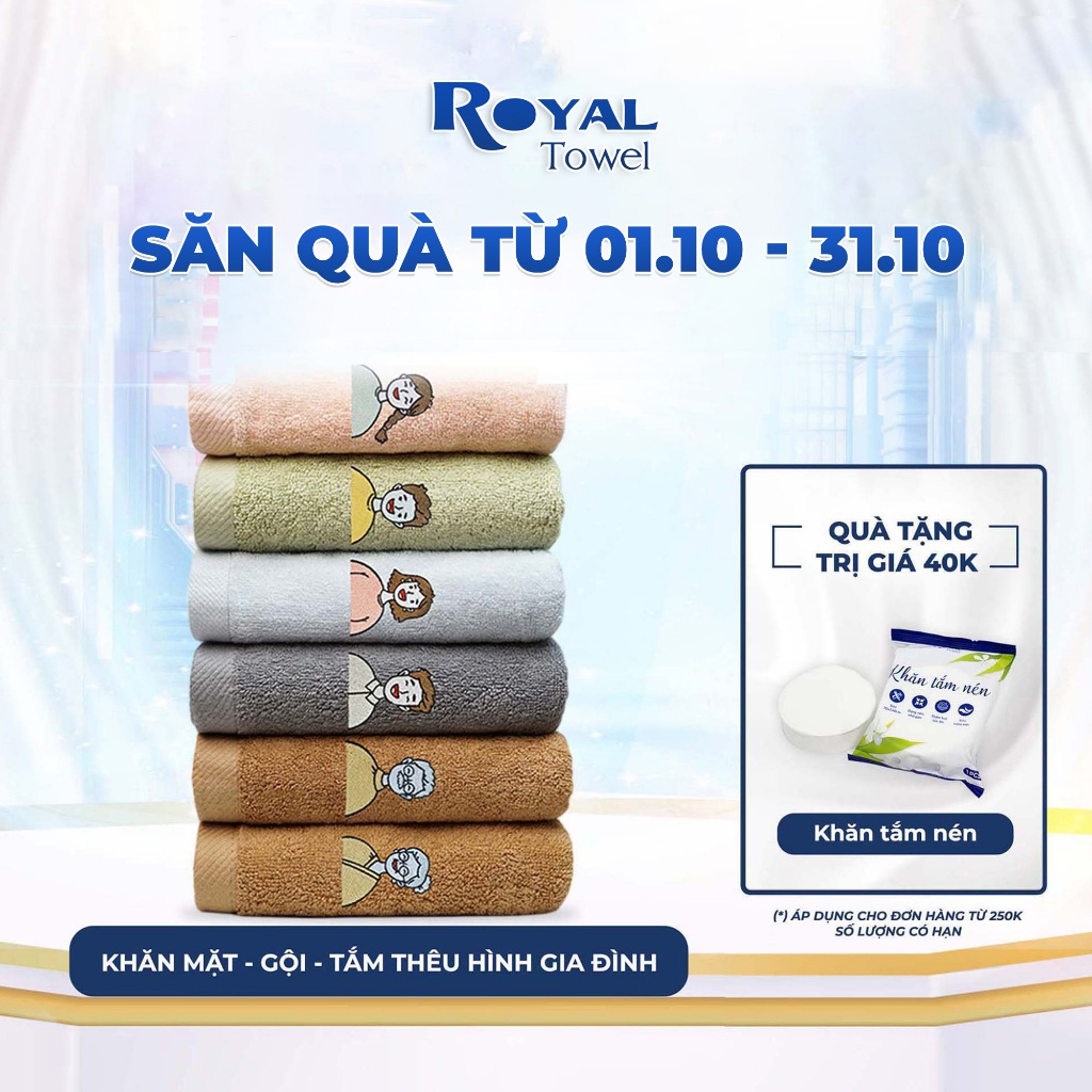 Khăn Tắm, Khăn Gội, Khăn Mặt Royal Towel Cotton 100%, Thêu Hình Gia Đình Với Chất Liệu Mềm Mịn, Kháng Khuẩn