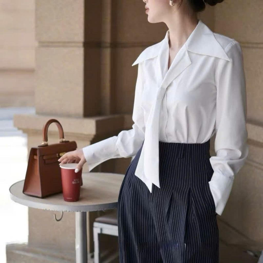 [Yumi Shop ]  Áo Sơ mi Công Sở Sọc Phối Cà Vạt