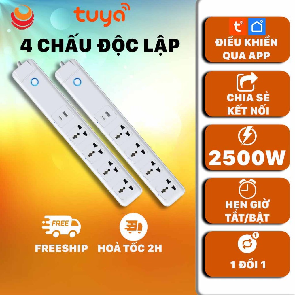 Ổ Cắm Hẹn Giờ TUYA Wifi Thông Minh, 4 Chấu & Cổng Sạc Type C, Cổng Sạc USB, Điều Khiển Độc Lập, App Tuya Smart Life
