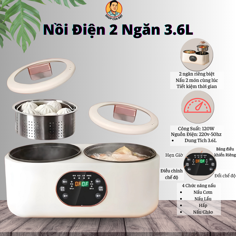 Nồi Cơm Điện Đa Năng 2 Ngăn 3.6L, 6 Chức Năng Nấu Và Hẹn Giờ, Nồi Cơm Điện 2 Ngăn Nấu Lẩu Kèm Hấp, C