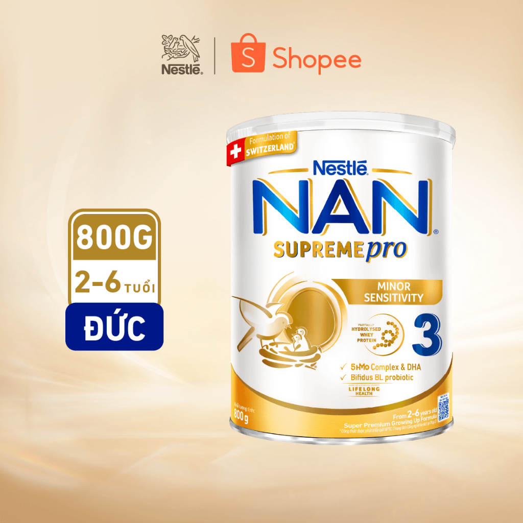 Sữa Bột Nestlé NAN SUPREMEPRO 3 800g Nhập Khẩu Đức Cho Bé 2 - 6 Tuổi Chứa Đạm Whey Thủy Phân 1 Phần, 5-HMOs & BIFIDUS BL