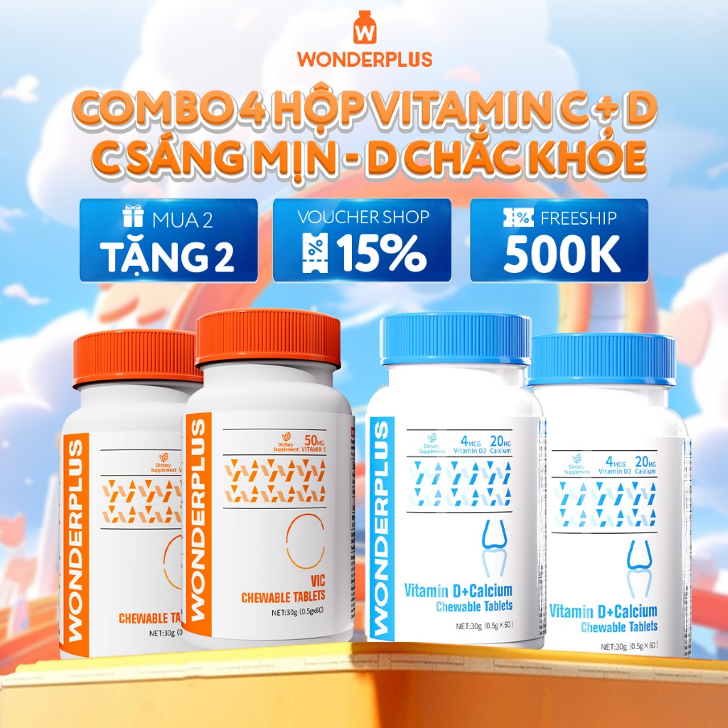 [Combo 4 Hộp] Viên Nhai Bổ Sung Vitamin C + Vitamin D Wonderplus Giúp Làn Da Rạng Rỡ Giúp Xương Chắc