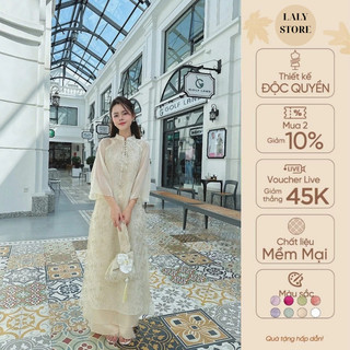  Áo dài cách tân 4 tà cao cấp chất liệu voan ren thêu nổi xẻ cổ trước ngực- Laly Store L123 