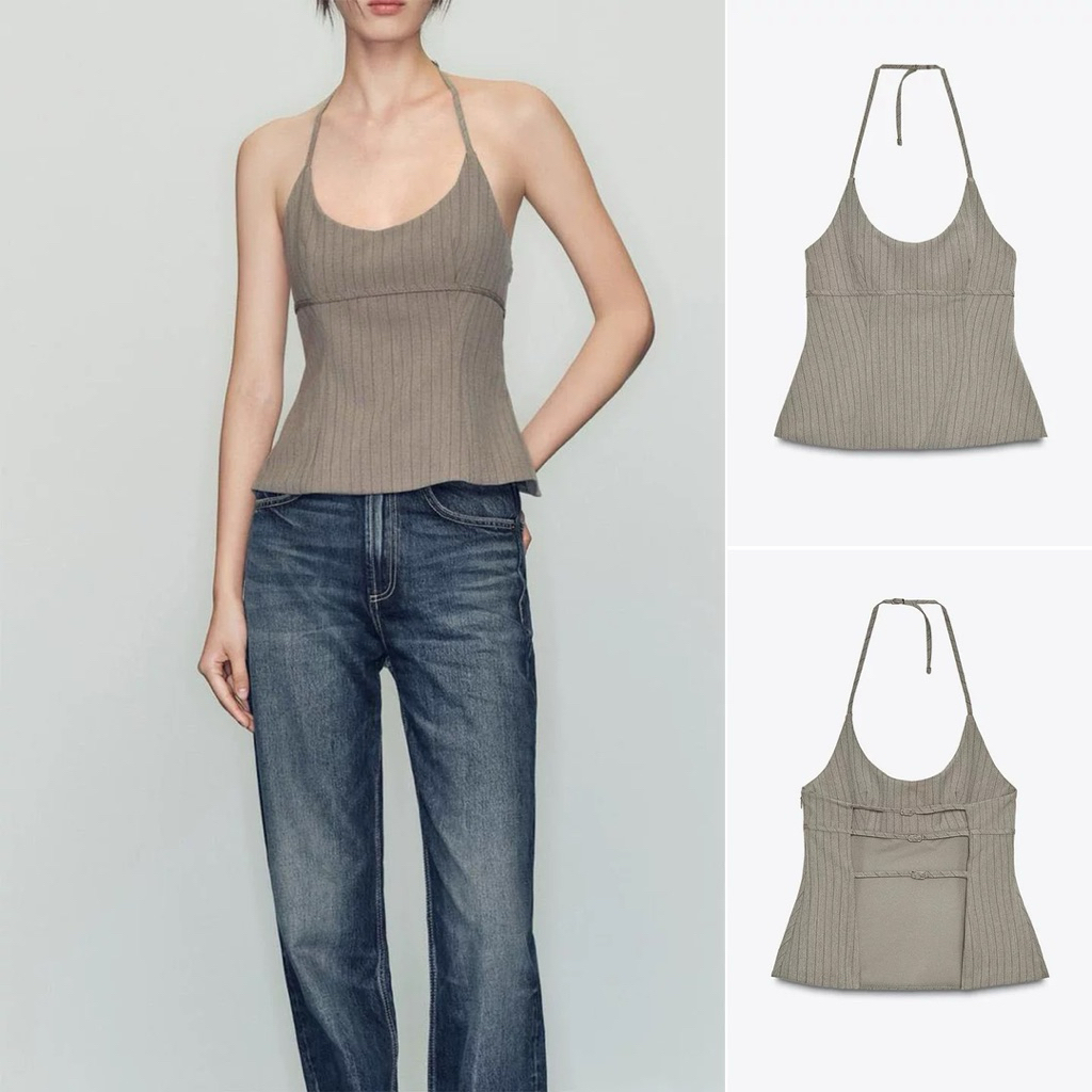 ( Sẵn Xs)Áo cổ yếm sọc hở lưng zara2025