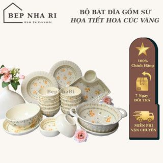    BepNhaRi   Bộ Bát Đĩa Gốm Sứ Họa Tiết Hoa Cúc Vàng - Hàng Loại 1 - Tượng Trưng cho sự trường thọ phú quý và may mắn 