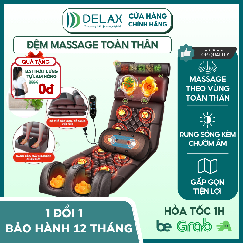 Đệm Massage Toàn Thân Đa Năng DELAX Massage Vai, Cổ, Eo, Lưng, Chân Và Gối Massage Sóng Rung Kèm Chườm Nóng TMS01