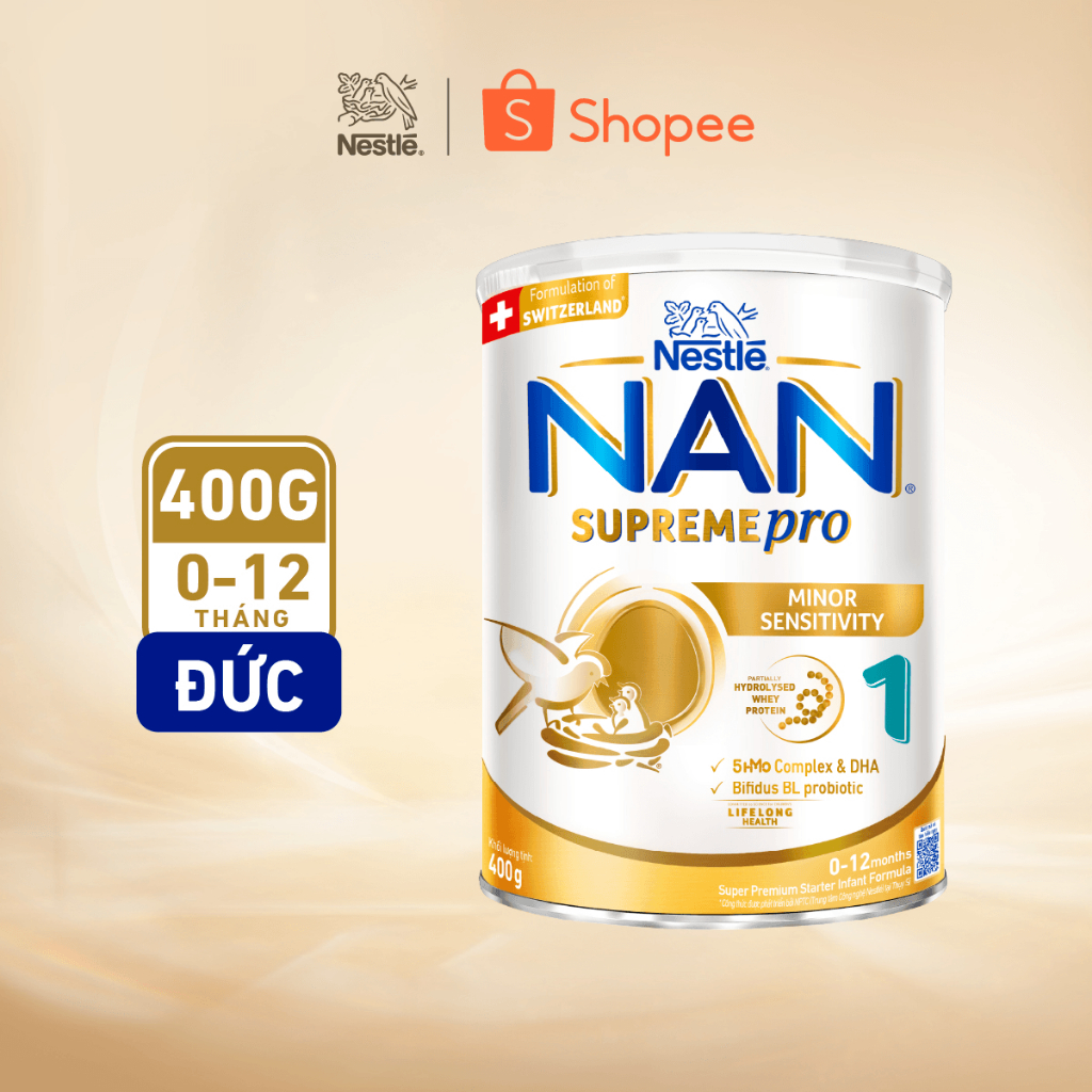 Sữa Bột Nestlé NAN SUPREMEPRO 1 400g Nhập Khẩu Đức Cho Bé 0 - 12 Tháng Có Đạm Whey Thủy Phân 1 Phần, 5-HMOs & BIFIDUS BL