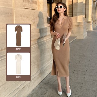 TUBYCATU | Đầm Sơ Mi Len Kem Lỗ Nữ Dệt Kim Form Suông Rộng Freesize Màu KEM/NÂU Thanh Lịch