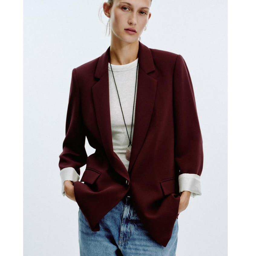 áo blazer Zara made in Morocco cổ ve 1 khuy tay xắn năng động màu trơn đen be tía