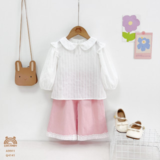  Set cho bé COCANDY -Áo dài TRẮNG sơ mi tay phồng phối bèo vai và Quần dài HỒNG suông phối gấu ren A9911,Q4141 