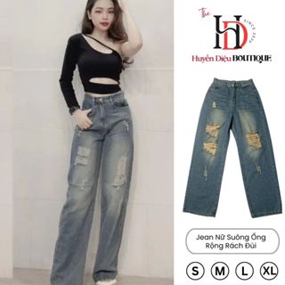 Quần Jean Nữ Suông Ống Rộng Rách Đùi Thêu Chữ B Bigsize Hack Dáng Che Khuyết Điểm - HD Boutique