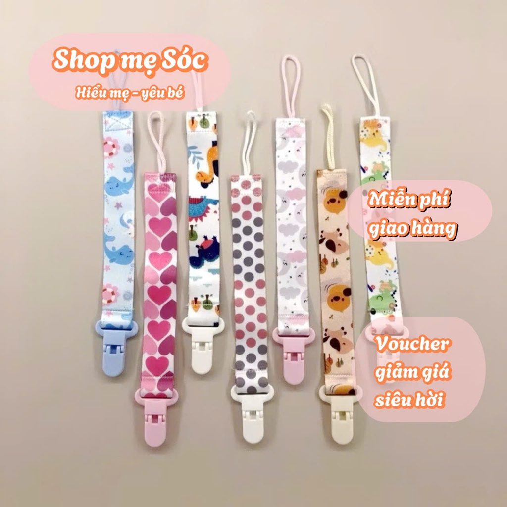 Dây đeo ti giả, gặm nướu bằng vải cotton hoạ tiết, kẹp nhựa ABS an toàn cho bé