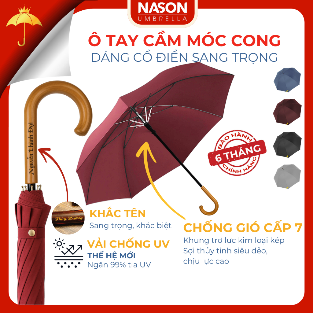 Ô thẳng cao cấp Nason tay cầm gỗ chữ J sang trọng, vải chống thấm, ngăn 99% UV, tán rộng 120cm