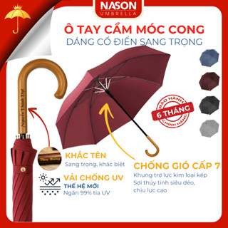 Ô thẳng cao cấp Nason tay cầm gỗ chữ J sang trọng, vải chống thấm, ngăn 99% UV, tán rộng 120cm
