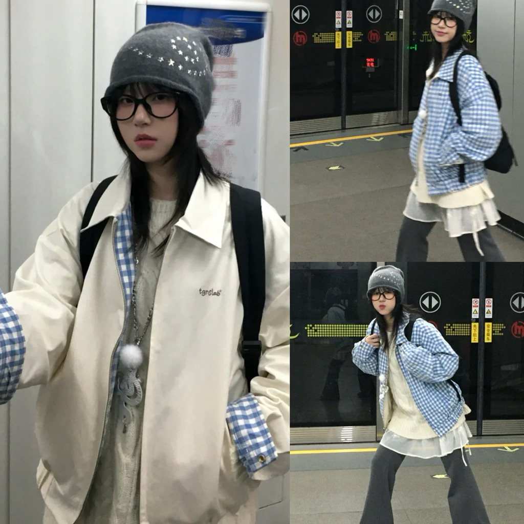 SẴN Áo khoác bomber cổ lật polo màu trắng phối xanh hai mặt dài tay có túi y2k style basic girl JK N