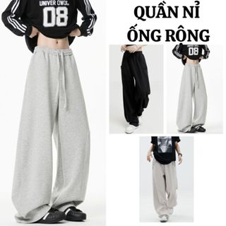 Quần NỈ NỮ MIAA chất nỉ 2da không xù cạp chun có dây điều chỉnh ống rộng suông màu xám đen bigsize