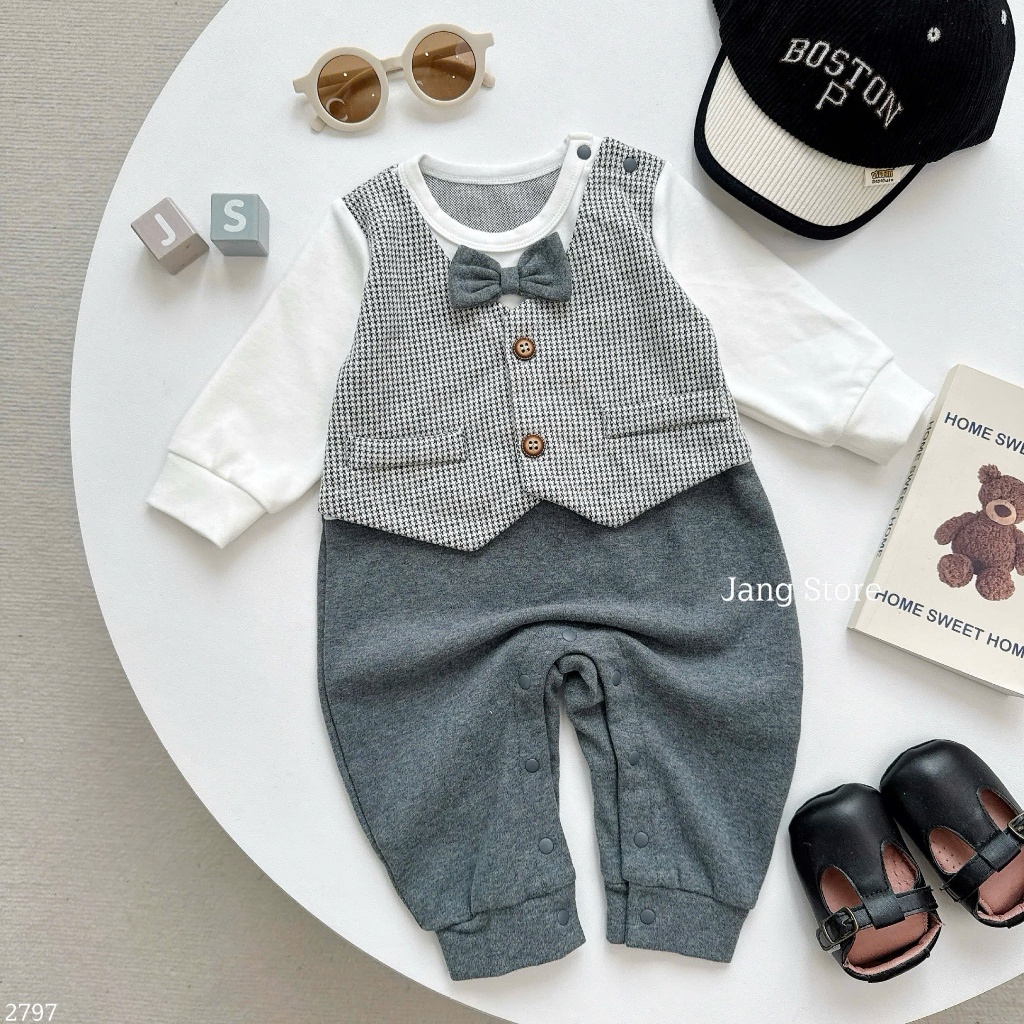 Body công tử gile liền kẻ caro xám + nơ cổ 2797