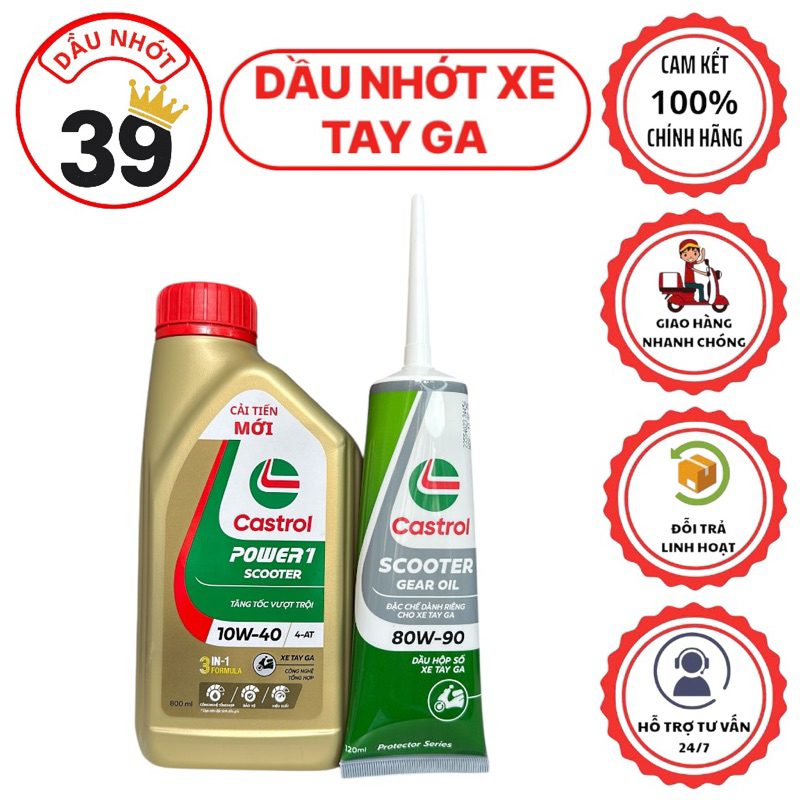 Combo dầu nhớt xe tay ga Chính Hãng CASTROL POWER1 SCOOTER 10W40 + nhớt hộp số CASTROL 80W90>>[CAM K