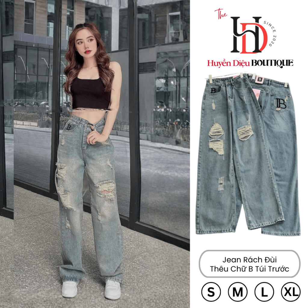  Quần jean nữ ống suông Bigsize ống rộng dày dặn form rách đùi thêu chữ B dài 103cm  S-XL  J788 HD Boutique 