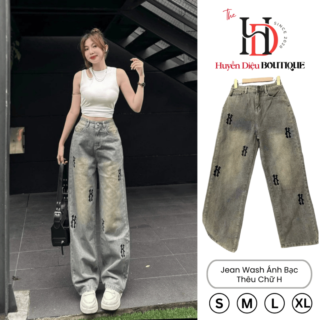 Quần suông nữ ống rộng chất jean mềm mịn thời trang thêu chữ H cao cấp che khuyết điểm tôn dáng