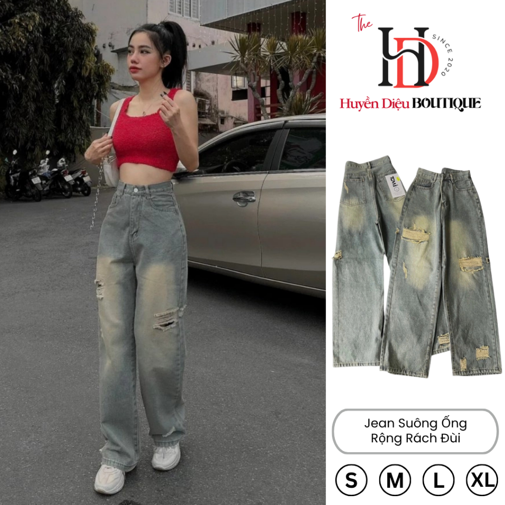 Quần Jean Nữ Suông Ống Rộng Rách Đùi Cạp Cao Ôm Eo Hack Dáng Chất Mềm HD5578 - HD Boutique