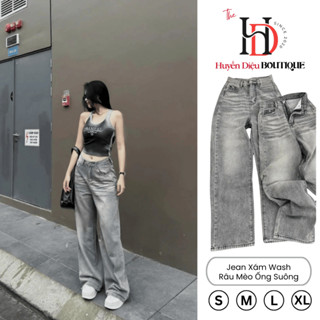 Quần Jean Nữ Ống Rộng Suông Màu Xám Wash Râu Mèo Chất Denim Cao Cấp 2025 - HD Boutique