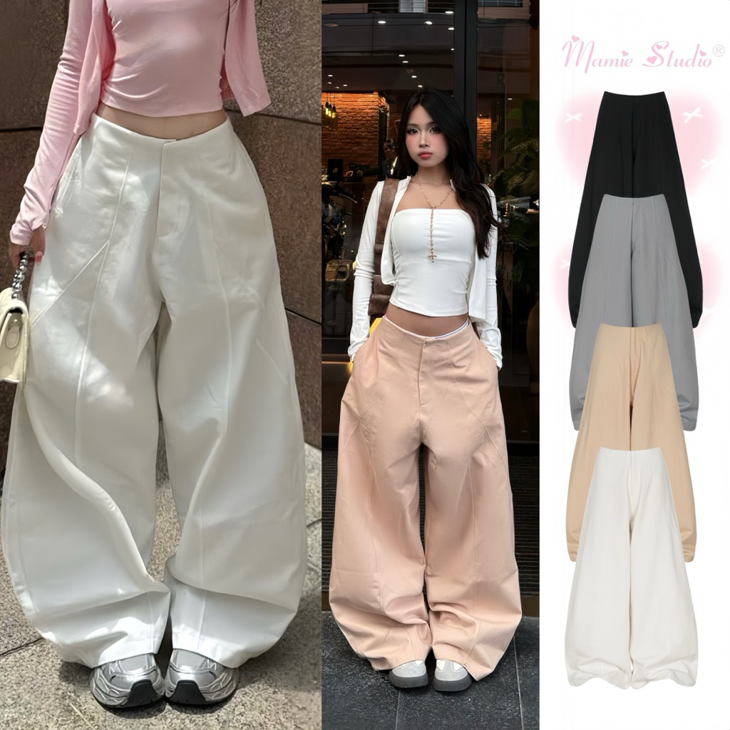  Quần kaki ống cong MaMie bản lưng trơn basic tối giản phía sau lưng chun co giãn thoải mái. 