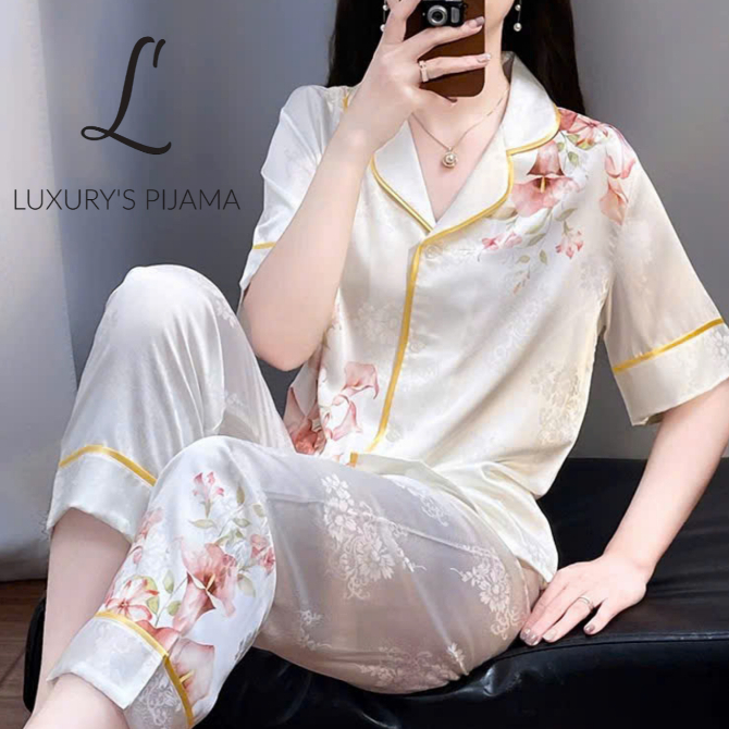 Đồ bộ LUXURY PIJAMA lụa latin cao cấp, mềm mịn sang trọng tay ngắn họa tiết hoa TN025