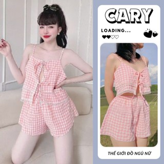  Bộ đồ ngủ mặc nhà áo hai dây phối quần short chất mát set đồ bộ ngủ nữ 2 dây kẻ caro chất đũi xốp trơn mềm mịn CARY 
