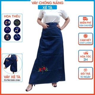 Váy chống nắng Xẻ tà vải Jean dày dặn thêu họa tiết cho Xe số, Ngồi sau có Nút bấm chân H&T FASHION