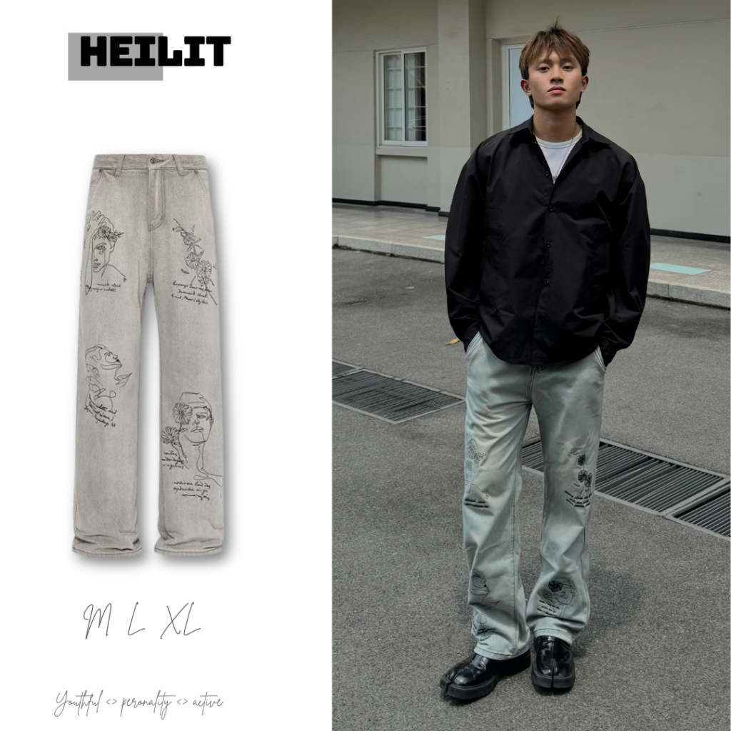 Quần Jean Nam Họa Tiết Thêu Ống Rộng HeiLit Quần Bò Form Suông Chất Liệu Dày Dặn