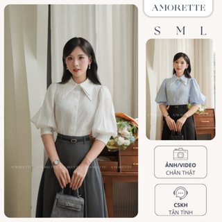 Áo Sơ Mi Nữ Tay Lỡ Họa Tiết Kẻ Sọc Xanh Cổ Phối 2 Lớp Đứng Form Công Sở Thanh Lịch (Ines Shirt) - Amorette